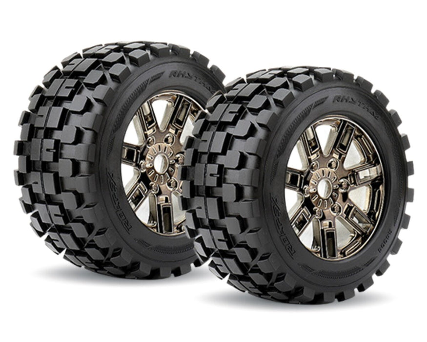 Roapex ROPR4004CB0 Rythm 1/8 Monster Truck Tires Mounted on Chrome Black Wheels, 0" Offset, 17mm Hex (1 pair)