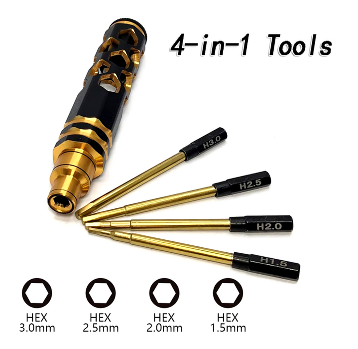 WORC WRC-152253-G4N1 Hex Wrench Driver Set 1.5mm 2.0mm 2.5mm 3.0mm TiNi Tips Allen Gold Aluminum Handle