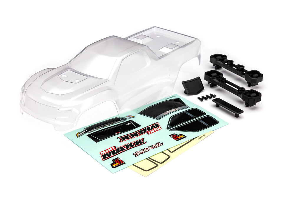 Traxxas TRA10711 Body, Mini Maxx® (clear, requires painting)/ window masks/ decal sheet (includes front & rear body latches, hardware) (for clipless mounting)
