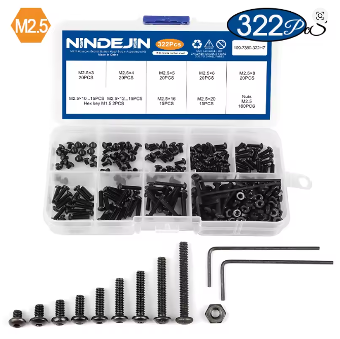 WORC Assorted 2.5mm M2.5 Button Head Countersunk Screw Nut Box Allen Hex Steel 322pcs