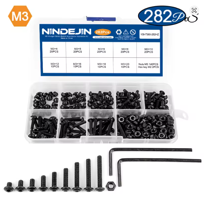 WORC Assorted 3mm M3 Button Head Countersunk Screw Nut Box Allen Hex Steel 282pcs
