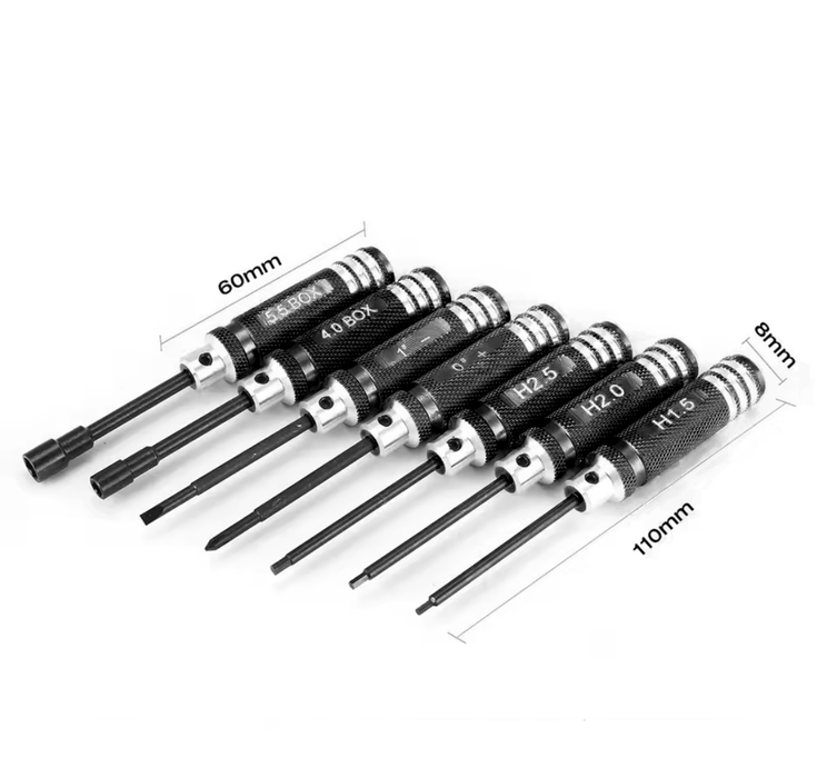 WORC WRC-T007BK Mini Aluminum Driver Set 1.5mm 2.0mm 2.5mm Hex Allen 4.0mm 5.5mm Nut Flat Philips 7pc BLACK