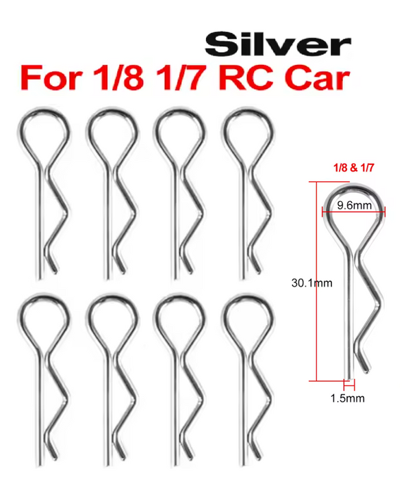 WORC SILVER Large Bent Up Body Clips (8 Pack) 1/8 1/7 Scale WRC-8BC-S
