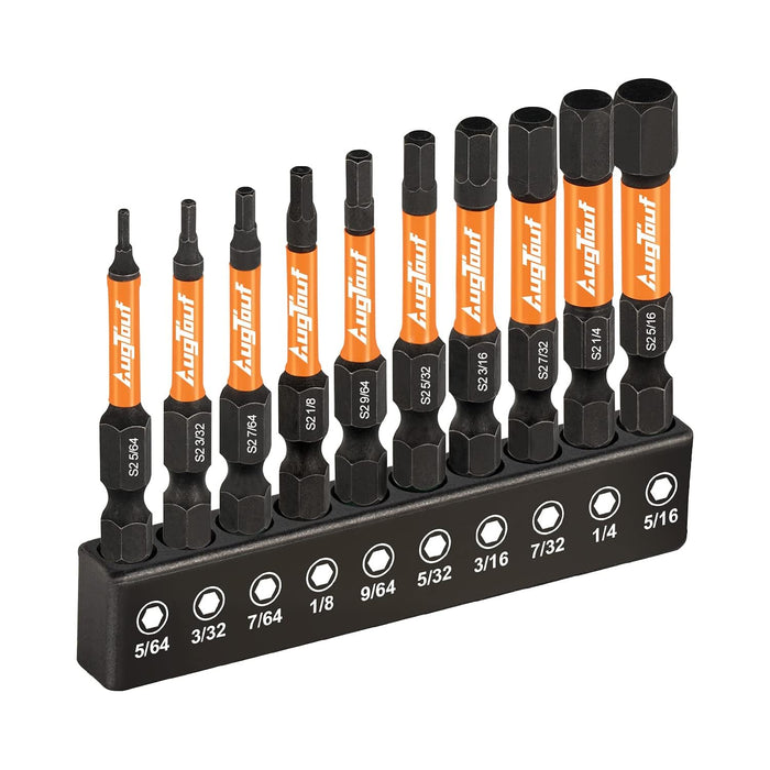 WRC1/4SAEDRIVER Impact Hex Head Allen Wrench Drill Bit Set 10pcs STANDARD SAE 1/4” Hex-Shank S2 Steel Hex Bits Set, CNC Machined Tips with Magnetism, 2” Long