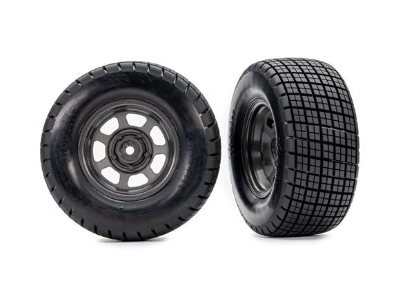 Traxxas TRA10474
Traxxas Tires & wheels, assembled, glued (dirt oval, graphite gray wheels, Hoosier tires, foam inserts) (2) (4WD front/rear, 2WD rear only)