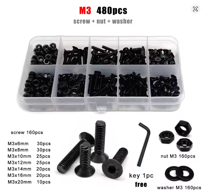 WORC Assorted 3mm M3 Flat Head Countersunk Screw Nut Washer Box Allen Hex Steel 480pcs