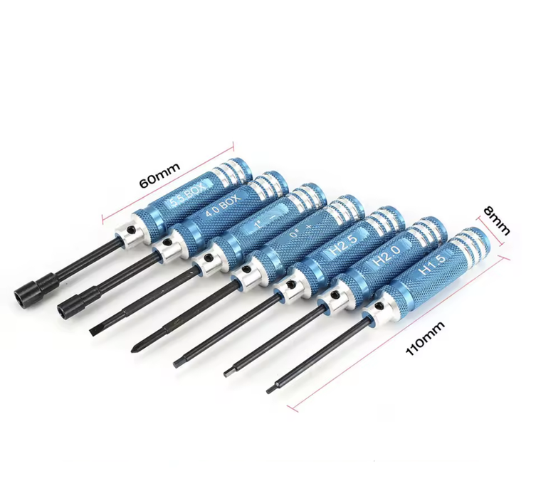 WORC WRC-T007BL Mini Aluminum Driver Set 1.5mm 2.0mm 2.5mm Hex Allen 4.0mm 5.5mm Nut Flat Philips 7pc BLUE