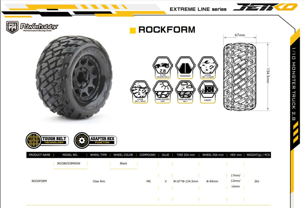 Powerhobby Jetko PHB2803CBMSGN 1/10 2.8 MT Rockform Belted Tires (2) with Removable Hex Wheels