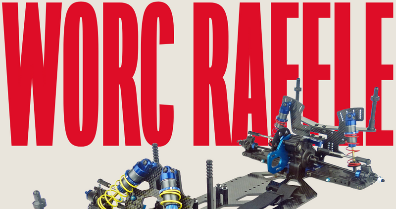 Promotional poster for a WORC Raffle featuring a custom model car chassis with 'Custom Works Rocket 5 LATEMODEL' text.