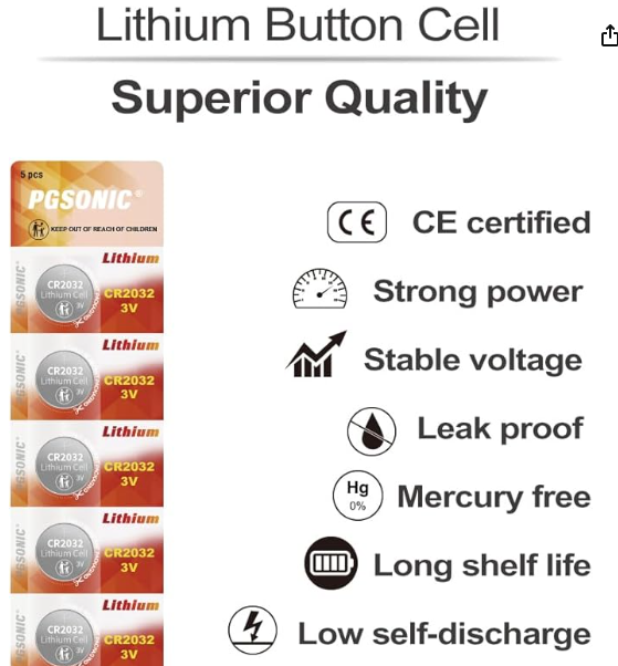 PGSONIC PGS-CR2032 CR2032 (qty 1 BATTERY) 3V Lithium Coin Battery for Small Electronic Devices, 5 Year Shelf Life