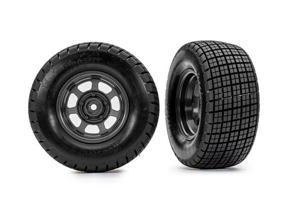 Traxxas TRA10473 
Tires & wheels, assembled, glued (dirt oval, graphite gray wheels, Hoosier® tires, foam inserts) (2) (2WD front only)