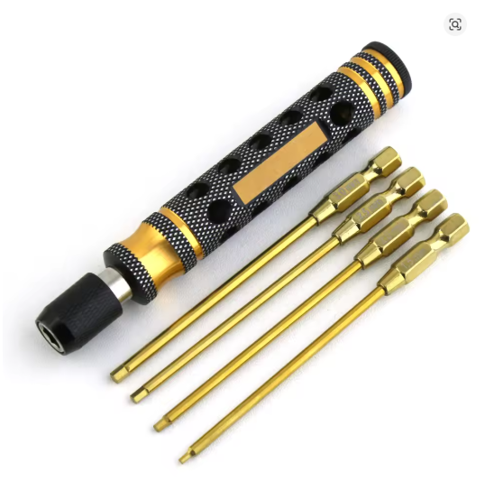 WORC WRC-G4N1 Hex Wrench Driver Set 1.5mm 2.0mm 2.5mm 3.0mm TiNi Tips Allen Gold Aluminum Handle Magnetic 1/4" Drive