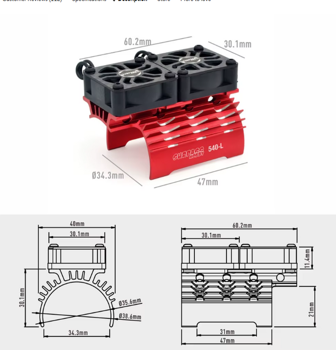 WORC WRC-HSF004BK Clip on Motor Heatsink Dual High Speed 30mm Cooling Fans 540 550 3660 3665 Carbon Fiber Guard BLACK