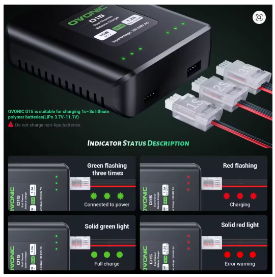 Ovonic D15 dual charger AC 15W 1.2a for 1s 2S 3S Lipo Balance battery charger