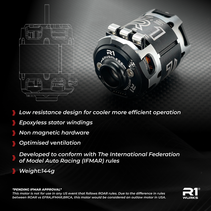 R1 WURKS V30 17.5T ROAR 020182 Competition Brushless Motor (ROAR September 2025 Motor)