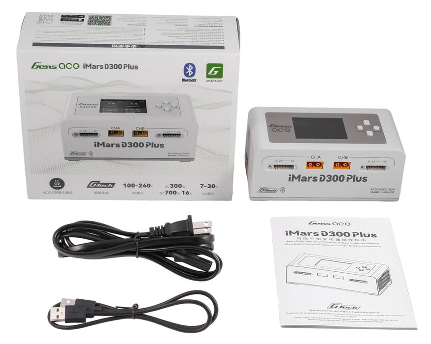 Gens Ace iMars D300 Plus Smart Dual AC/DC Charger WHITE 6S/16A AC-300W / DC-350W x2 w/Bluetooth App Control GEA300WPLUS-UW  G-Tech