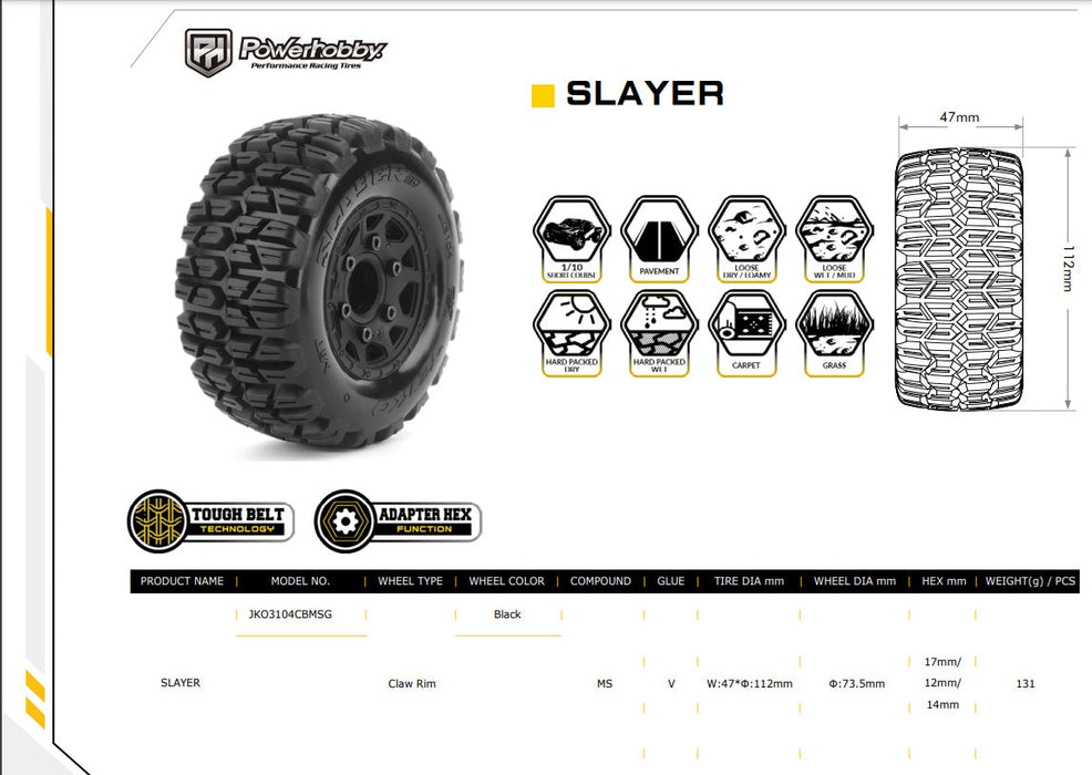 JETCO JKO3105CBMSG Slayer SC Belted Tires (2 tires / wheels) with 12mm 14mm 17mm Removable Hex Wheels