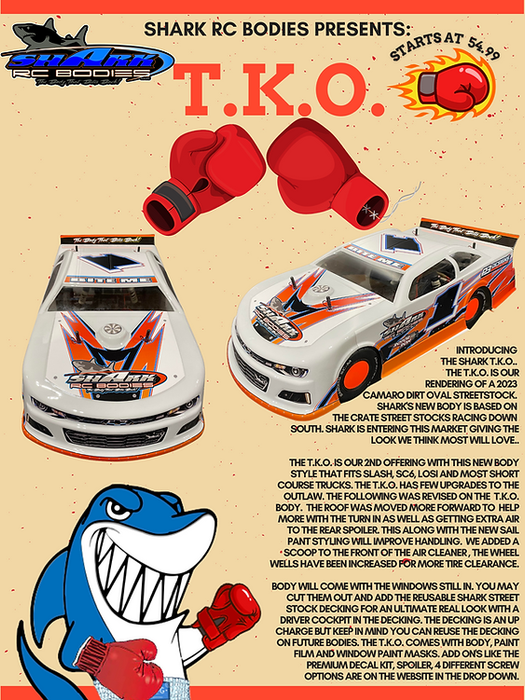 SHARK RC T.K.O. Camaro SCT Super Street Stock CLEAR Body w/ Chili Bowl Approved Spoiler .040 ZL1 Slash 1/8 Short Course 1/10