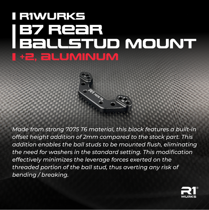 R1 WURKS R1-900061 Associated B7 Series Rear Ballstud Mount, +2, Aluminum