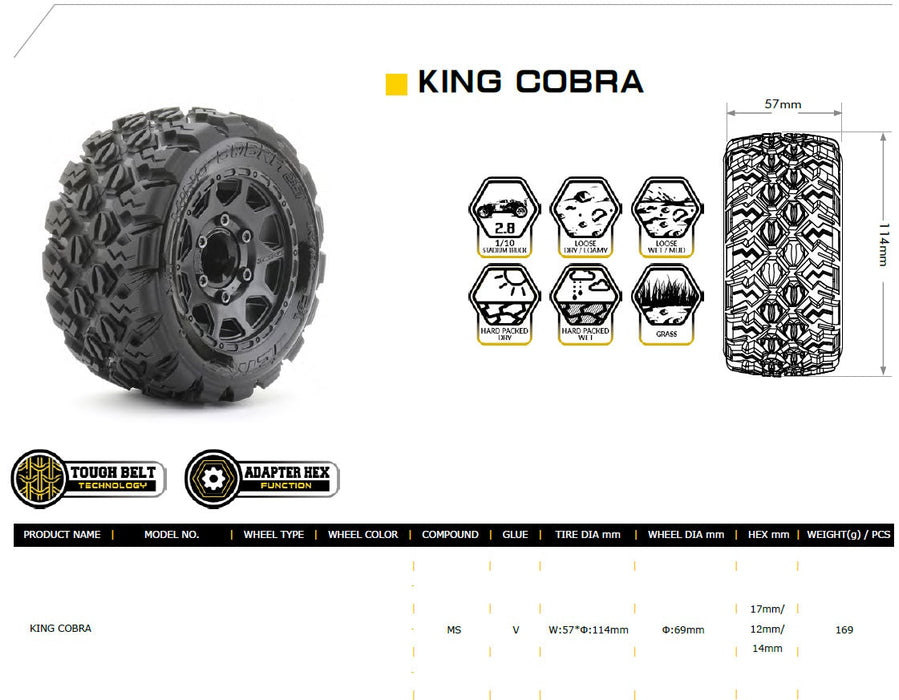 Powerhobby 1/10 2.8 ST King Cobra Belted Tires (2) with Removable Hex Wheels
