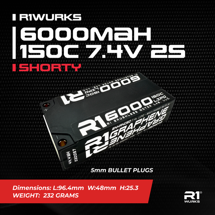 R1 Wurks R1-030057 6000mah 150C 7.4V 2s Shorty 5mm Bullet Lipo Battery