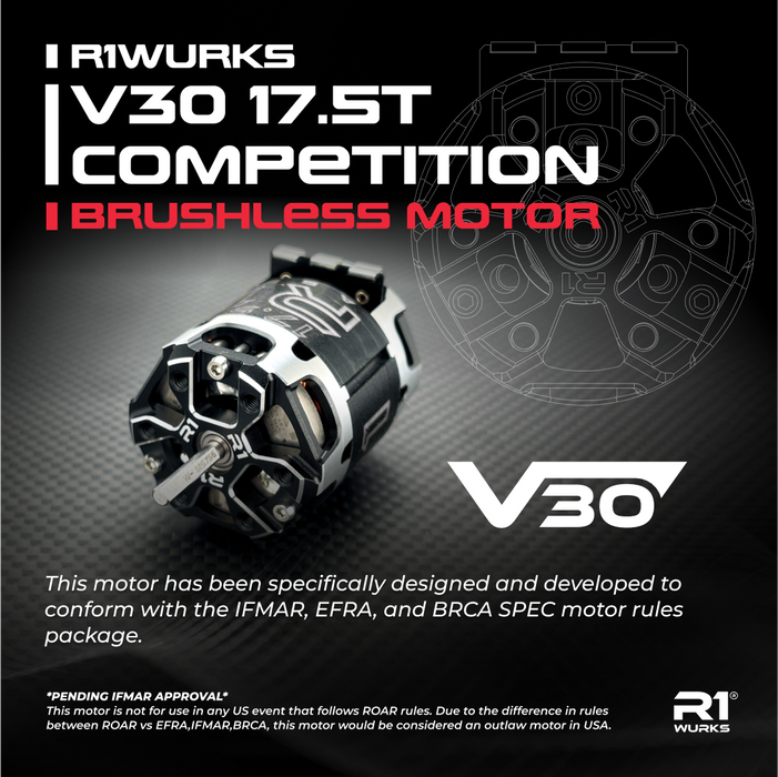 R1 WURKS V30 17.5T ROAR 020182 Competition Brushless Motor (ROAR September 2025 Motor)
