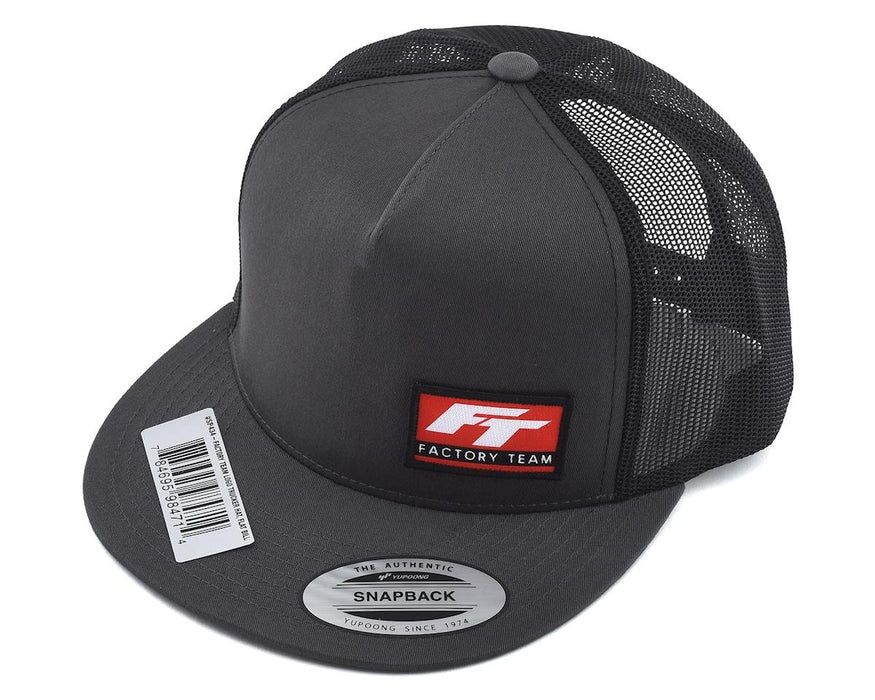 Team Associated ASCSP434 Factory Team Logo "Flatbill" Trucker Hat (Black/Grey) (One Size Fits Most)