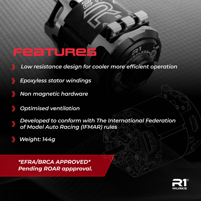 R1 WURKS V30 21.5T ROAR 020181 Competition Brushless Motor (ROAR September 2025 Motor)