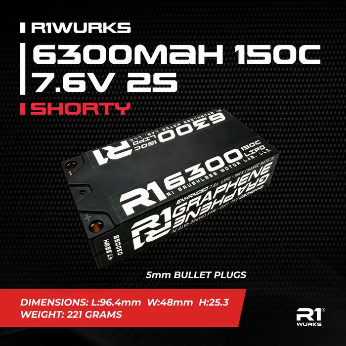 R1 Wurks R1-030058 6300mah 150c 7.6v Shorty Pack Lipo Battery 5mm Bullet