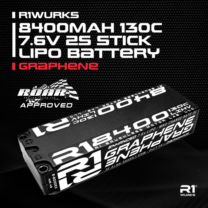 R1 Wurks R1-030009-5  8400 mAh 7.6v, 2S, 130c, Stick LiPo Battery, Graphene 5mm Bullet