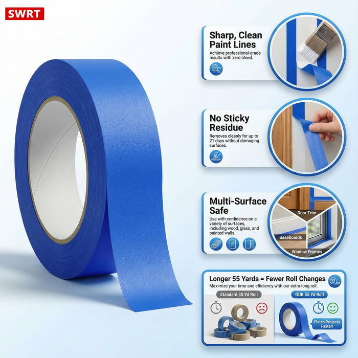WORC WRC-SWRT Blue Painters Masking Tape 1 ROLL 1 Inch x 55 Yards