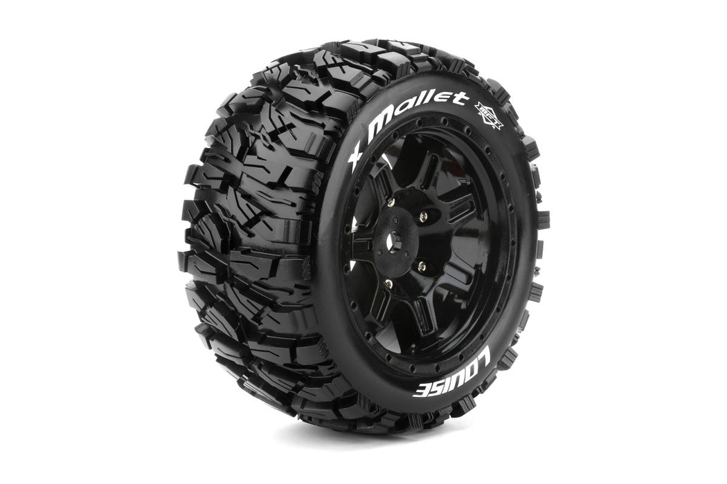 Louise RC LOULT3350B MFT X-Mallet Sport Monster Truck Tires, 24mm Hex, Mounted on Black Rim (2), fits X-MAXX