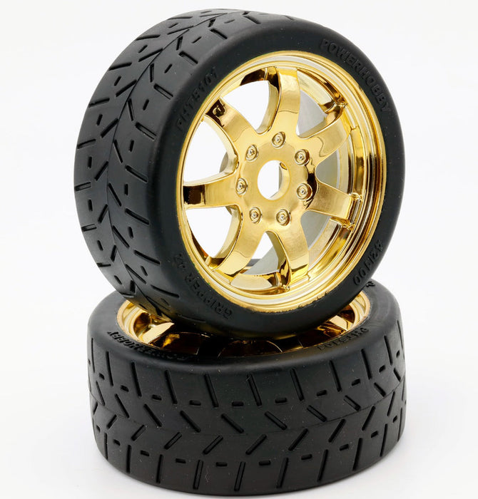 Powerhobby PHBPHT5101GOLD 1/8 Gripper 42/100 Belted Mounted Tires 17mm Gold Wheels