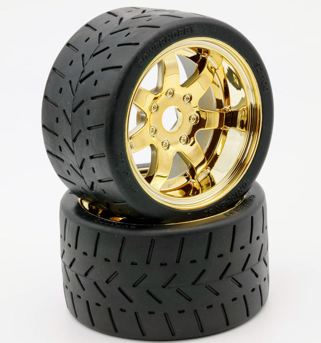 Powerhobby PHBPHT5102GOLD 1/8 Gripper 54/100 Belted Mounted Tires 17mm Gold Wheels