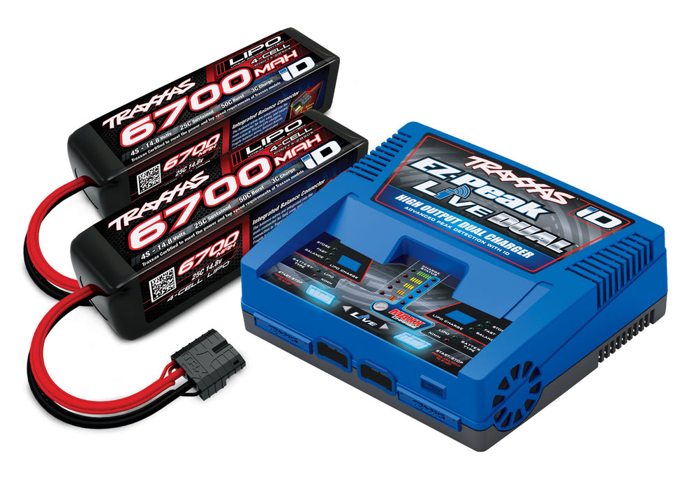 Traxxas TRA2997 4S LIPO COMPLETR 2890X(2) 2973 Dual iD Live Charger, 2 6700mah 14.8v 4s Batteries