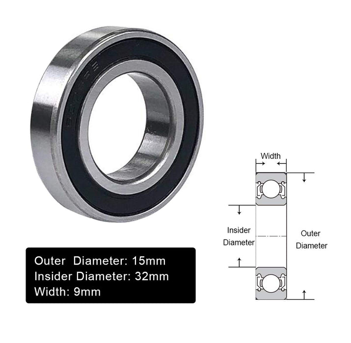 WRC15X32X9 15x32x9mm (2 PACK) 6002-2RS Double Rubber Seal Bearings 15mm 32mm 9mm Deep Groove Ball Bearing Black