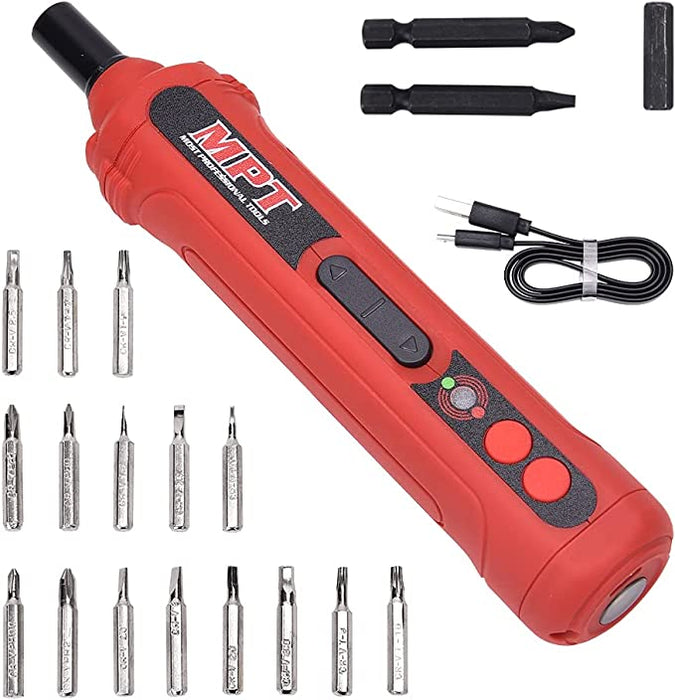 MPT 4V Electric Screwdriver Cordless Kit, Cordless Screwdriver USB Rechargeable, Power Screwdriver with LED Work Light, 18 pieces Screwdriver Bits