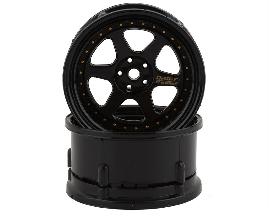 DS Racing DSCDE207 Drift Element 6 Spoke Drift Wheels (Triple Black w/Gold Rivets) (2) (Adjustable Offset) w/12mm Hex