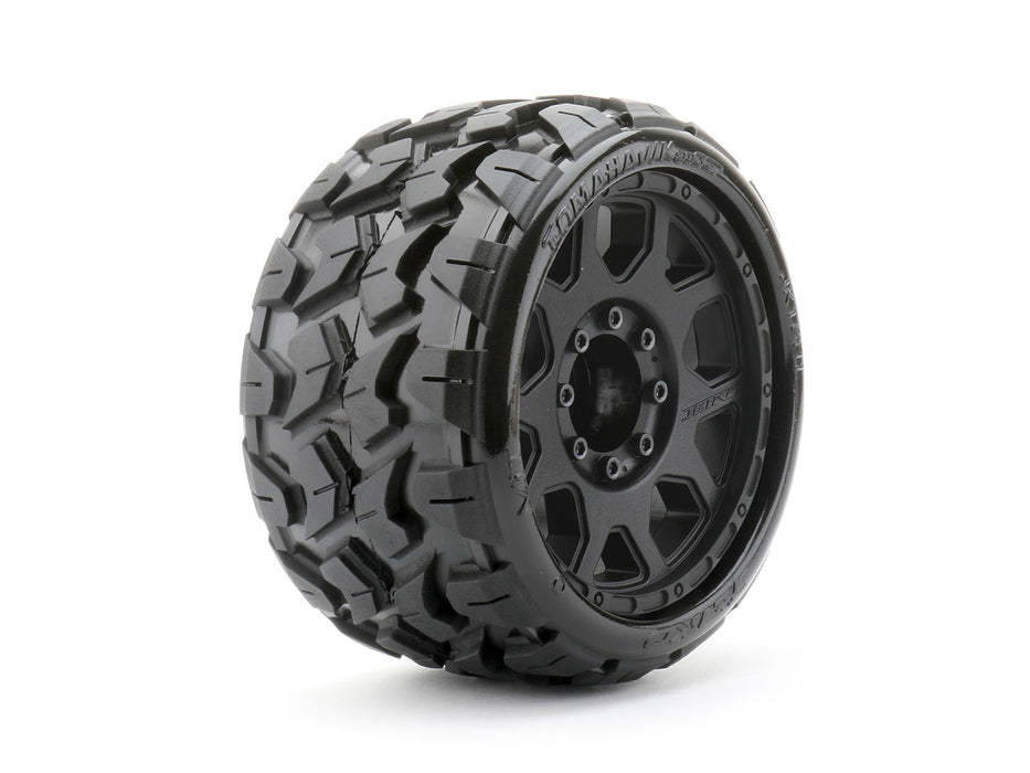 1/8 SGT 3.8 Tomahawk Tires Mounted on Black Claw Rims, Medium Soft, Belted, 12mm (for Traxxas Hoss)