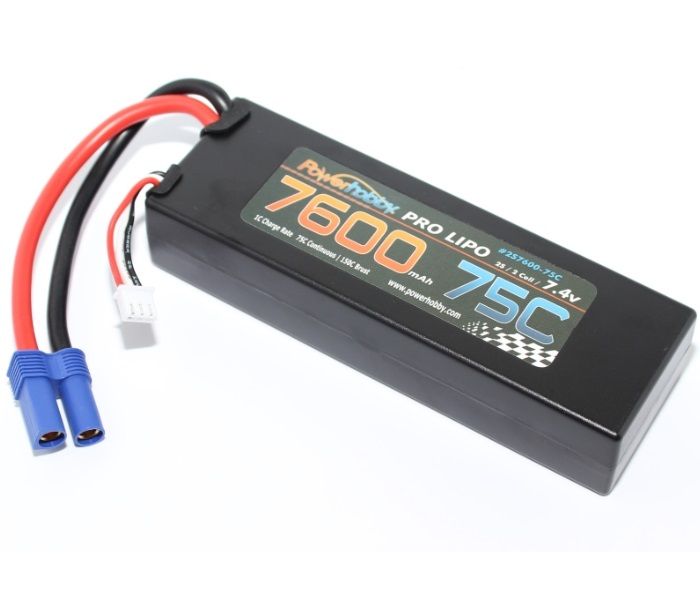 7600mAh 7.4V 2S 75C LiPo Hard Case Battery with Hardwired EC5 Connector
