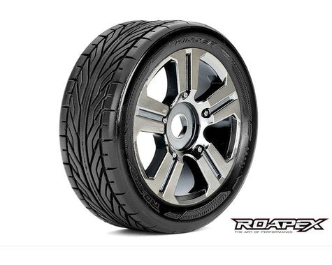 Trigger 1/8 Buggy Tires, Mounted on Chrome Black Wheels, 17mm Hex (1 pair)