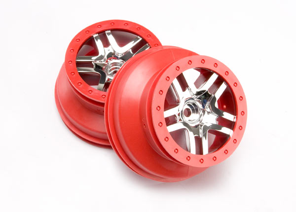 Traxxas TRA5876A Wheels, SCT Split-Spoke, chrome, red beadlock styl